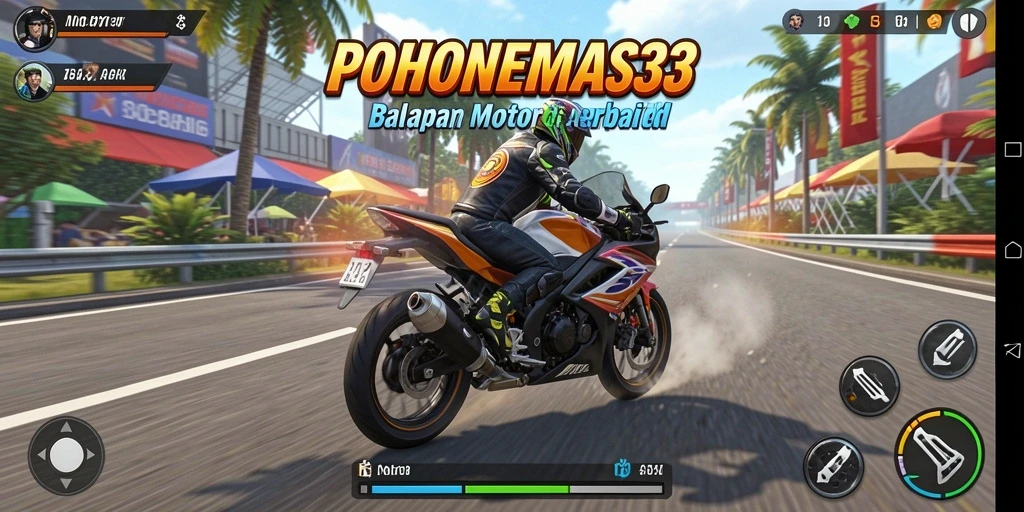Gameplay seru POHONEMAS33 dengan aksi balapan motor yang mendebarkan.