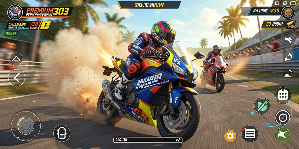 Screenshot menunjukkan aksi balapan motor yang mendebarkan.