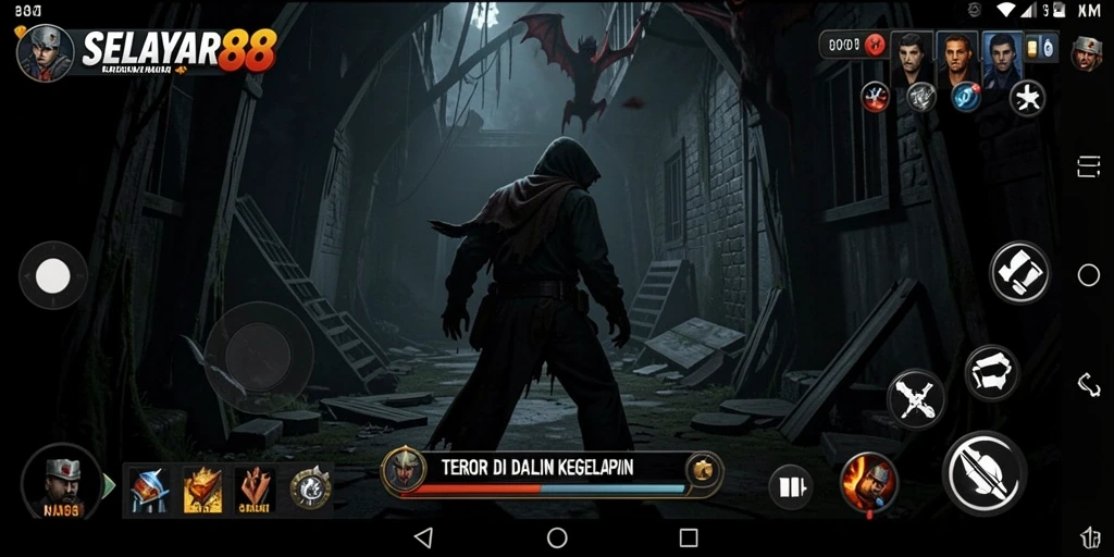 Tampilan gameplay menegangkan di <strong>SELAYAR88</strong>, penuh dengan kegelapan dan misteri.