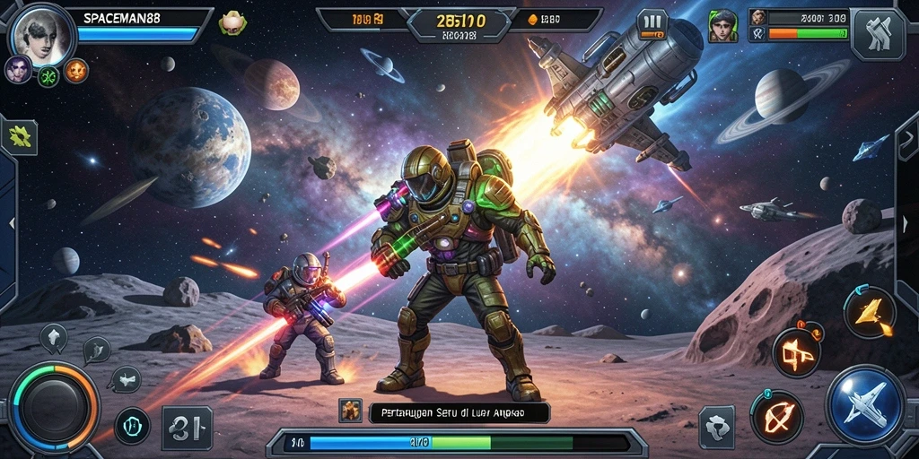 Tangkapan layar menunjukkan aksi seru di SPACEMAN88 dengan pertarungan luar angkasa.
