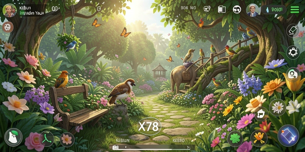 Tangkapan layar gameplay X78 menampilkan kebun yang subur dan aktivitas pertanian.
